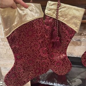 Deep red and gold lame holiday decor set stocking, skirt, pillows & runner set
